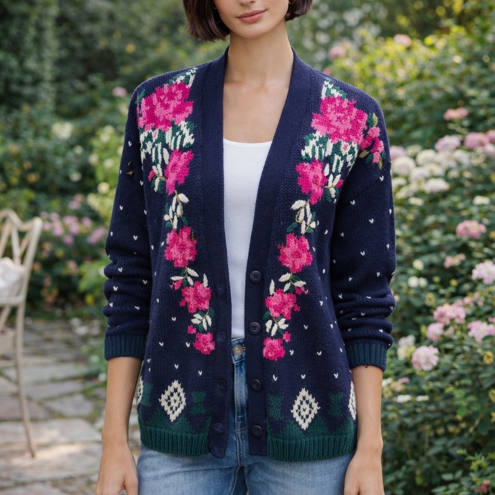 Vintage Granny Core Floral Cardigan Meeting Street Cotton‎ Cozy Chic Size M